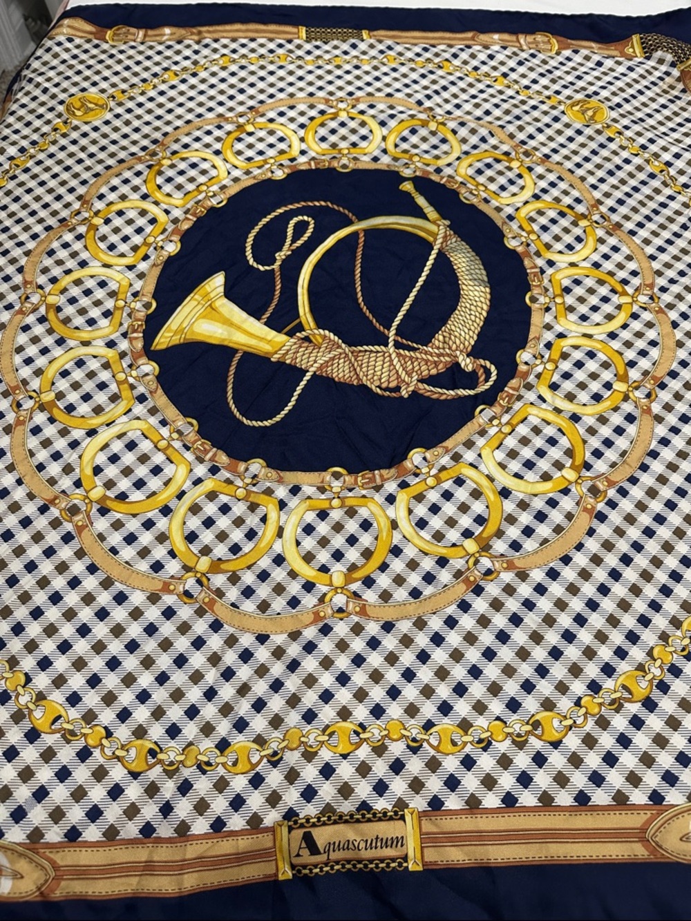 Aquascutum London Navy and Gold Equestrian Print Silk Scarf